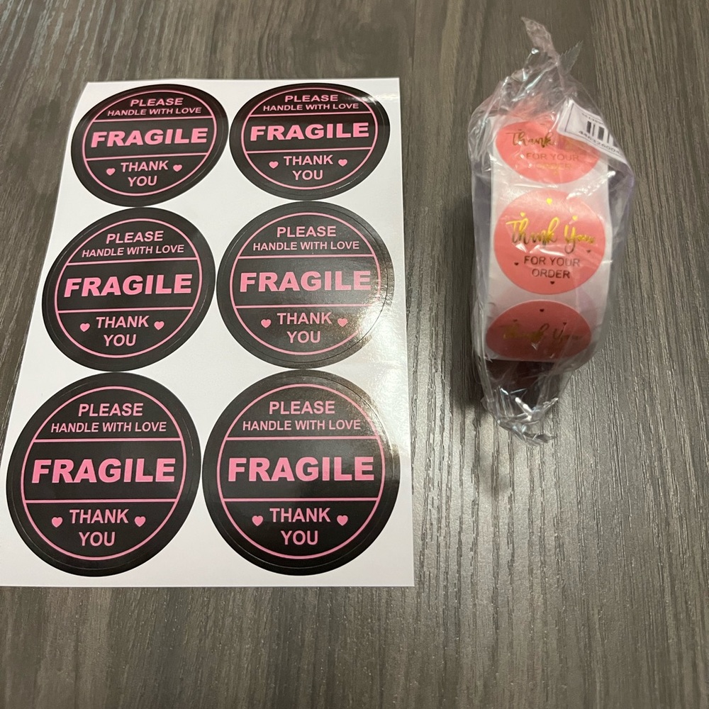 500 Pink Thank you stickers, comes with a dozen (2 sheets) fragile stickers.